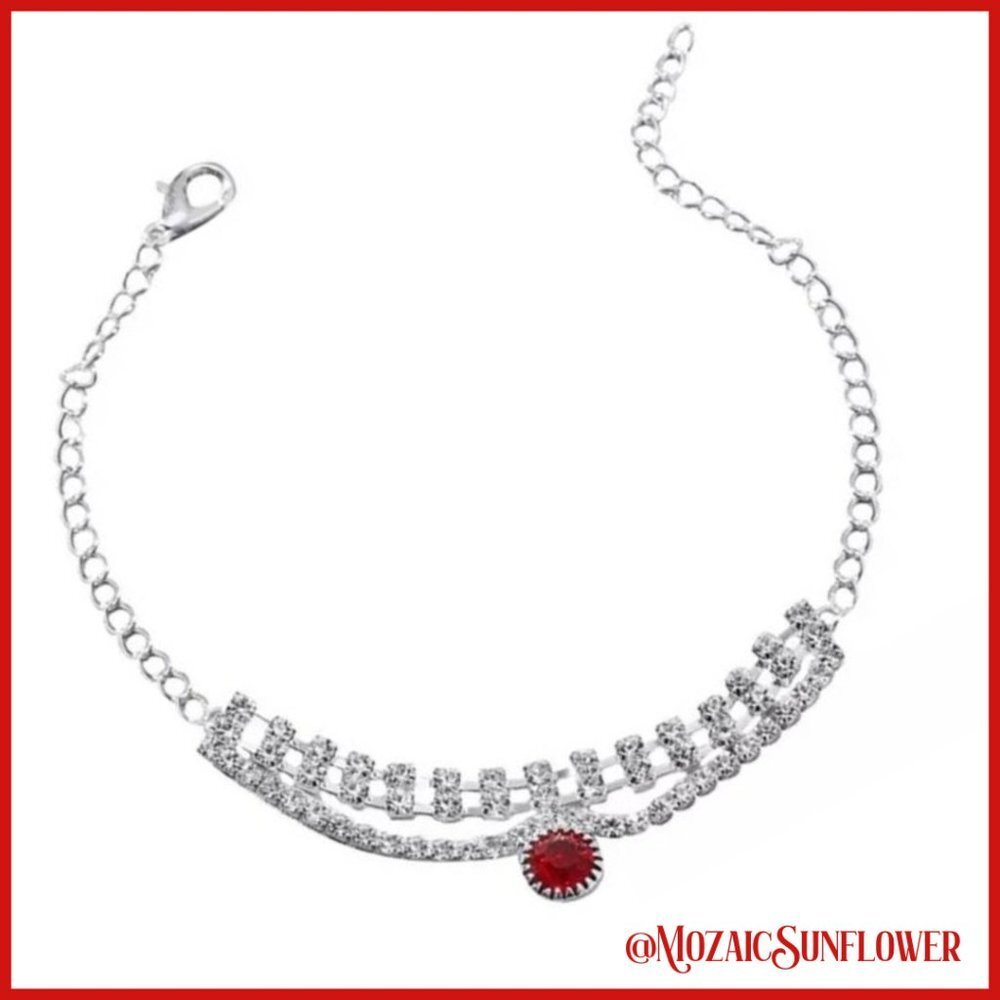 Ankle Bracelet Silver Red CZ Solitaire and White CZ's Lobster Clasp Closure